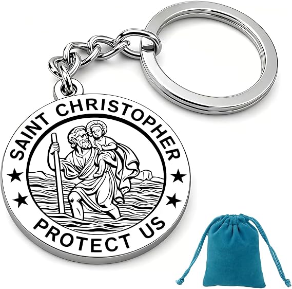 St Christopher Keyring, Saint Christopher Travel Keychain, New Car Keychain with Velvet Bag for Protection Travels Saftey Men or Women