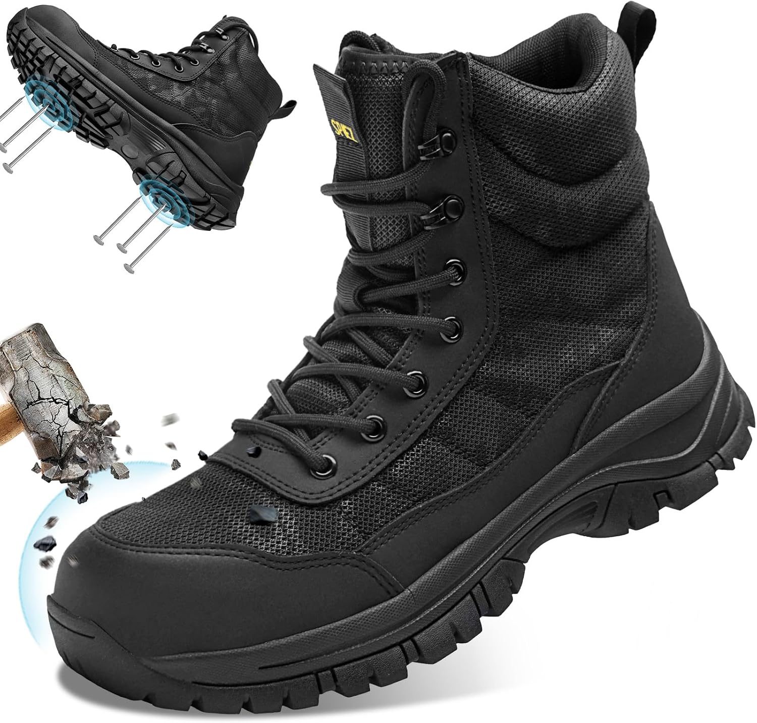 SPIEZ Steel Toe Work Boots for Men, Lightweight Slip Resistant Safety Boots with Upgraded Sole, Puncture Proof Midsole, Side Zip, Durable Construction & Warehouse Footwear UK6-UK11