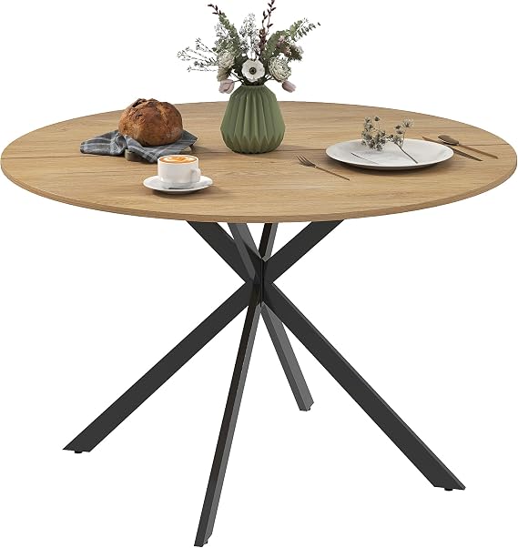 HOMCOM 120cm Round Dining Table, Small Industrial Cross Steel Legs, Oak