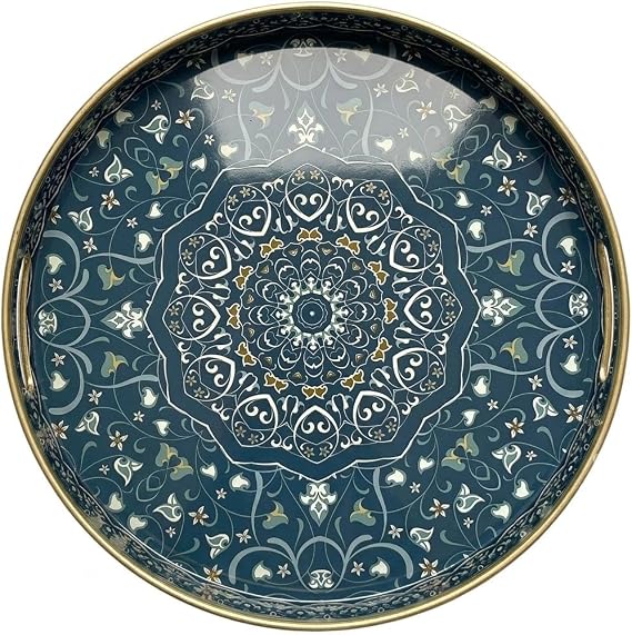 Round Decorative Tray, Plastic with Handles, Modern Vanity And Serving for Ottoman, Coffee Table, Kitchen and Bathroom, Size 13 INCH (Blue Maze)