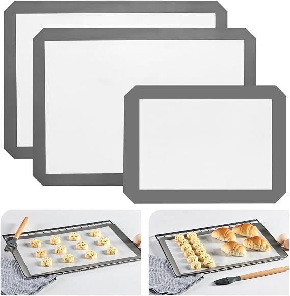 KitchenRaku Silicone Baking Mat Set of 3, 2 Half Sheets (42 x 29.5 cm) + 1 Quarter Baking Sheet Reusable Silicone Cooking Mat, BPA Free Baking Sheet for Cookies, Macarons Bread & Pastry