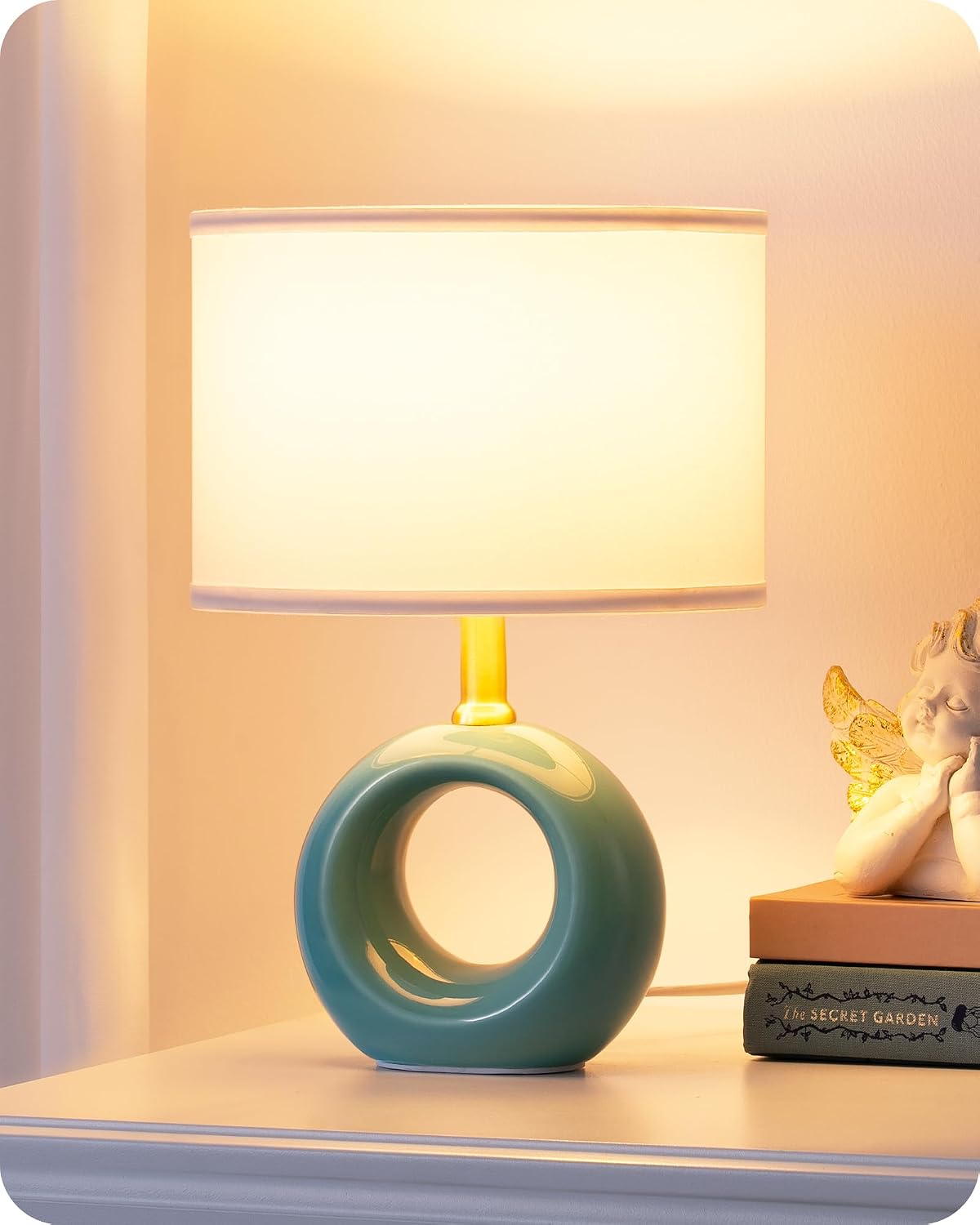 EDISHINE Ceramic Table Lamp, Elegant & Modern Desk Lamp for Bedside, E14 Bulb Included, Fabric Lampshade for Bedroom, Living Room, Decoration, Blue [Energy Class E]