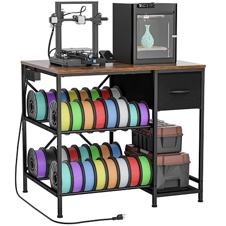 3D Printer Table with Filaments Storage, 3D Printer Stand Storage Rack with Drawer, Wood Desktop Printing Workstation with 4-Tier Spool Holder for Workshop Studio Office