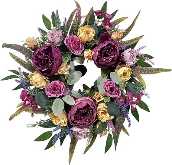 Spring Summer Wreath,Artificial Peony Wreath,Hanging Simulation Spring Decorative Garland,for Front Door, Wall, Window,Wedding (45cm)