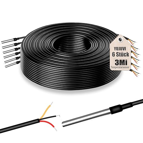 Temperature Sensor 3 m Cable Waterproof Temperature Sensor Pack of 6 Digital Stainless Steel Temperature Sensor Compatible with Arduino and Raspberry Pi Compatible with Shelly