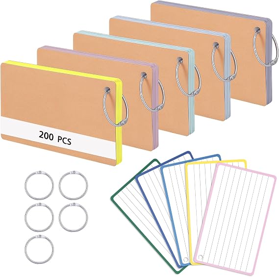 Flash Cards, 200 Pcs Colored A7 Index Cards 3x5 in Ruled Revision Card