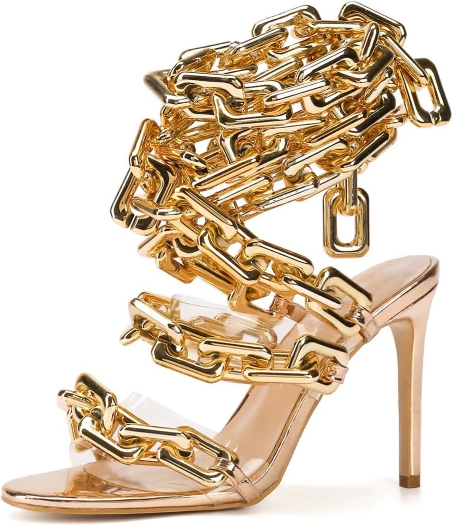 Frankie Hsu Luxury Women&#39;s Ankle Leg Lace Up Gold Link Chain Clear PVC Strappy Stiletto Round Toe High Heeled Sandals