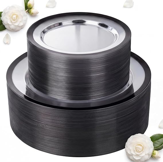 supernal Elegant Disposable Plates, 120-Pack Black Plastic Plates, Clear and Black Heavy Duty BPA-Free Plastic Dinnerware Set for 60 Guests Perfect for Wedding, Upscale Parties & Catering