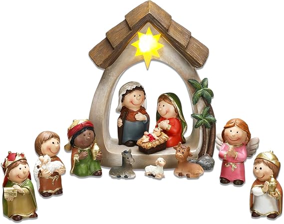 キリスト降誕セット&フィギュア 12個 小さなクリスマスキリスト降誕シーン Ledライト付き 樹脂製照明付き卓上キリスト降誕 屋内装飾 飼い葉桶1個と置物11個ミニフィギュアが含まれます