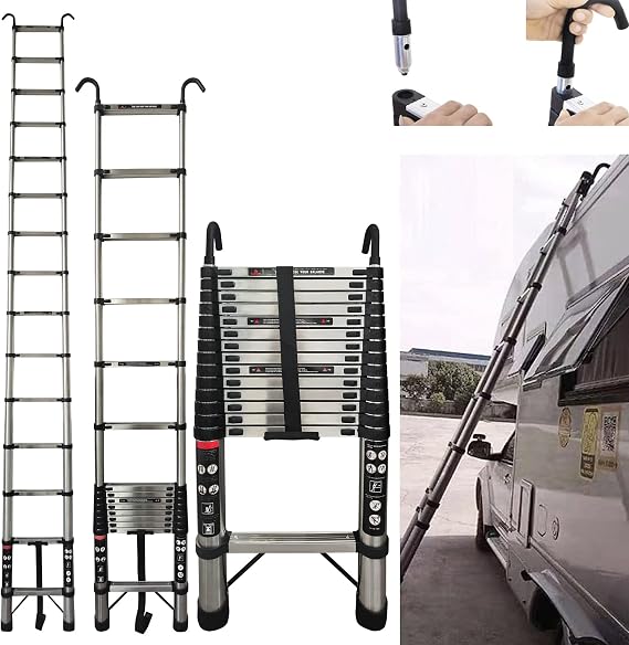 Telescopic Ladder 4.4M/14.4FT Extendable Telescoping Ladders Extension Stainless Steel Ladder with Roof Hooks, Portable Foldable Retractable Loft Ladder for Roof Work,Window Cleaning,Indoor Decorating