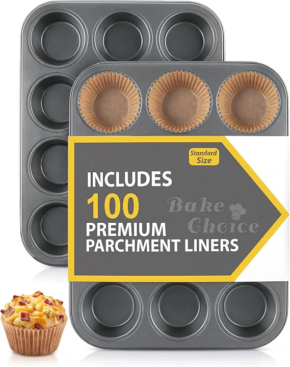 Bake Choice 2 Pieces Standard Muffin Pan 12 Cups, Includes 100 Standard Paper Muffin Molds, Non-Stick Carbon Steel, for Parties & Home & Baking