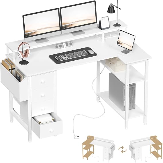 Yaheetech Corner Desk with Drawers, 120x70cm L Shaped Computer Desk with Power Outlets, Office Desk with Raised Monitor Stand, Reversible Storage Shelves for Home Office, White