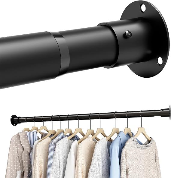 Wardrobe Rail, Extendable Clothes Rail, Wardrobe Pole with Fixing Sockets and Screws for Wardrobe and Cloakroom, Black, 45-68cm(Diameter 25mm)