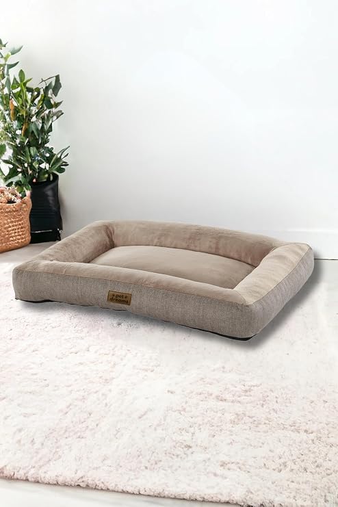 Pet Dreams Akita Lüks Sertifikalı Peluş Kumaş Büyük Irk Kedi/Köpek Yatağı, Kaymaz Altlık (Bej, 120x70x15cm)