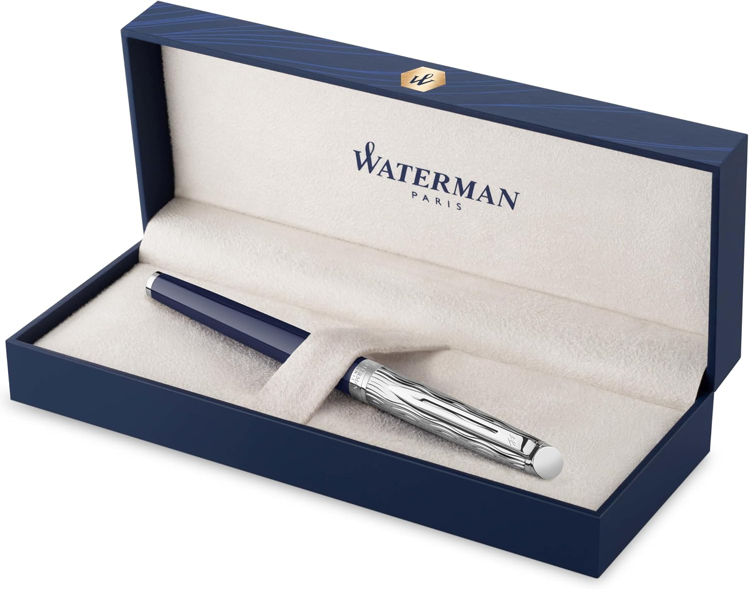 Waterman Hémisphère Fountain Pen | Metal & Blue Lacquer | Chiselled Cap | Stainless Steel Medium Nib | Blue Ink | Gift Box