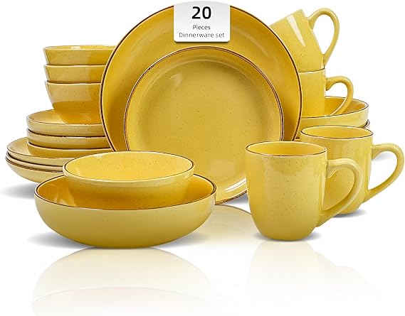 HomeVSS 20 Piece Dinner Set - 4 Person Bright Yellow Speckled Plates and Bowls Microwave and Dishwasher Safe