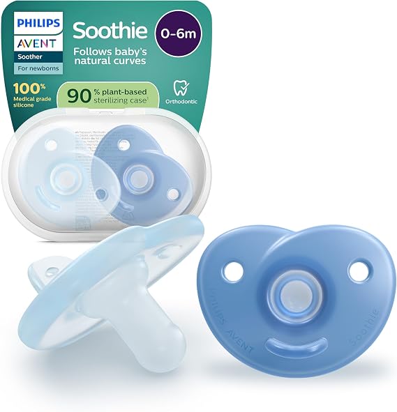 Philips Avent Soothie Pacifiers: Anatomical Pacifier, for Newborns 0-6 Months, One-Piece Design, Pressure Reducing Silicone Teat, BPA Free, 2-Pack, Blue, SCF099/26