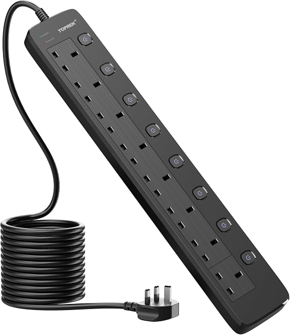 TOPREK 8 Way Extension Lead with Individual Switches, 5M Heavy Duty Socket