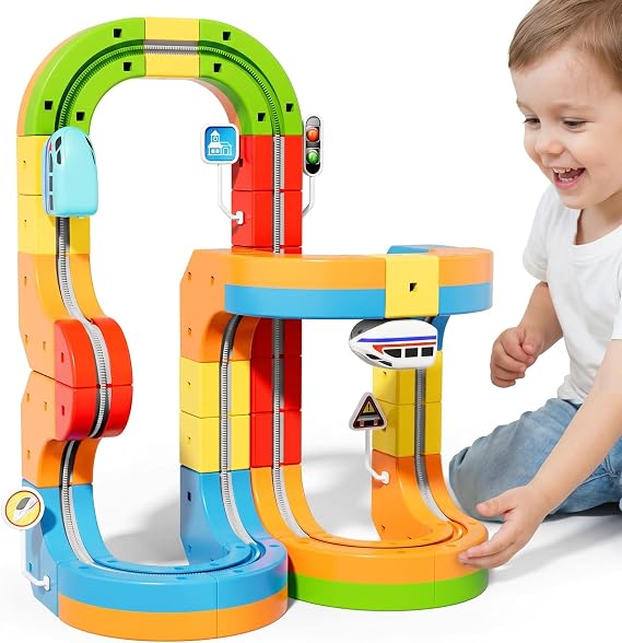Clickrail Electric Train Set, 3D STEM Magic Rail Cube Train Set, Track Fusion Toy with Flexible Building Race Track & Gravity-Defying Train, DIY Cube Track Educational Toy for Boys & Girls 3+