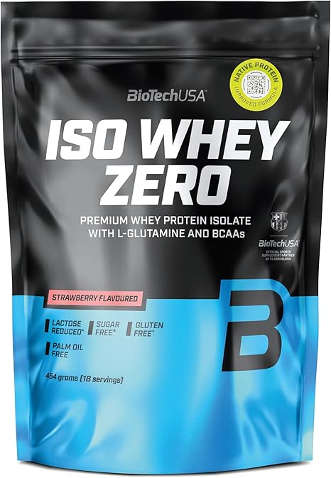 BioTechUSA Iso Whey Zero Whey Protein Isolate Grass-Fed Enzyme-Free Sugar- and Gluten-Free 454 g Strawberry
