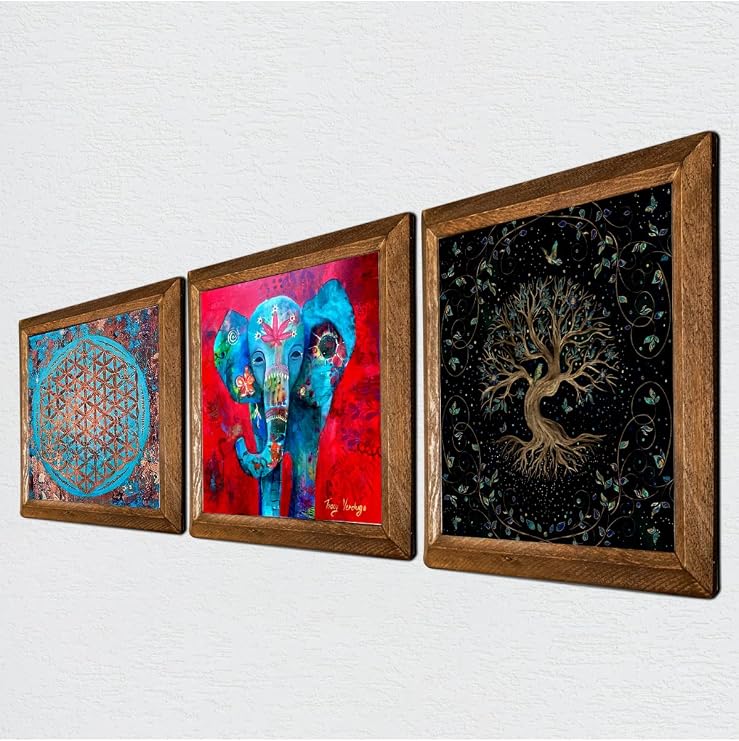 Pinecone Fil, Yaşam Çiçeği, Hayat Ağacı Taş Duvar Tablosu - Ahşap Çerçeveli Taş Tablo - 25x25 cm - 3 Parça Set - Dekoratif Duvar Sanatı - Modern Ev ve Ofis Duvar Dekoru W3-157