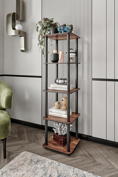 Messer 5 Katlı Dekoratif Ahşap Köşe Raf Ünitesi | Modern Salon, Oturma Odası, Çalışma Odası Düzenleyici | Kitaplık, Biblo ve Saksı Standı | Şık Tasarım (Ceviz, Square)