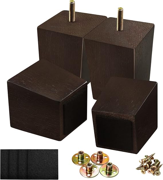 Sofa Bed Wooden Furniture Legs 7.62cm Modern Solid Wood Square Replacement Feet for Ottoman Cabinets Couch Armchair Coffee Table Chair Cupboard, Walnut Colour, Set of 4