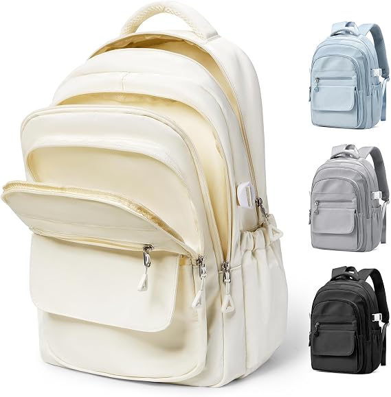 Multi Pocket Backpack For School Womens Men, Waterproof Book bag Secondary For Girls Boys, Lightweight Large Capacity Rucksack Casual School Bags(Beige)