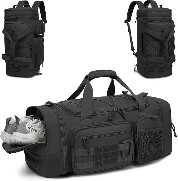 Tactical Duffle Bag Backpack for Men 40-45L Expandable Military Travel Duffel & Sports Holdall Gym Bag with Shoe Compartment Wet Pocket Medium Weekender Overnight for Camping Luggage, Black