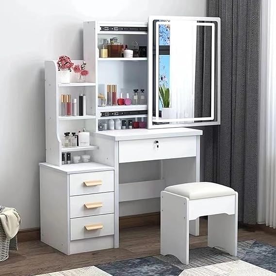 Dressing Table,LED Lights with Adjustable Brightness,Vanity Table with Mirror,4 Drawers and 6 Shelves,Makeup Table with Mirror and Stool,Makeup Desk Modern Bedroom Dressing Tables with LED Lights