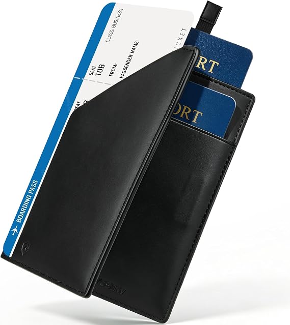 Yesiiw レザーパスポートホルダー Rfidブロック トラベルパスポートウォレット 磁気搭乗カードスロット Ykkジッパースリムパスポートカバー ビジネス&休暇旅行用, ブラック, クラシック