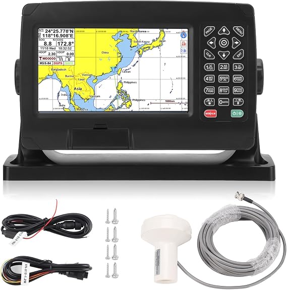 GPS Chart Plotter Marine GPS Navigator Boat Navigation Plotter 7 Inch Color TFT LCD GNSS Dual Mode Positioning IPX6 Dual Map System with NMEA0183 and WiFi for Marine Boat