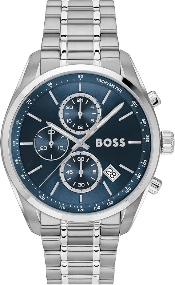 BOSS Chronograph Quartz Watch with Calendar for Men Grand Prix 44 Collection with Stainless Steel Bracelet or Leather Strap