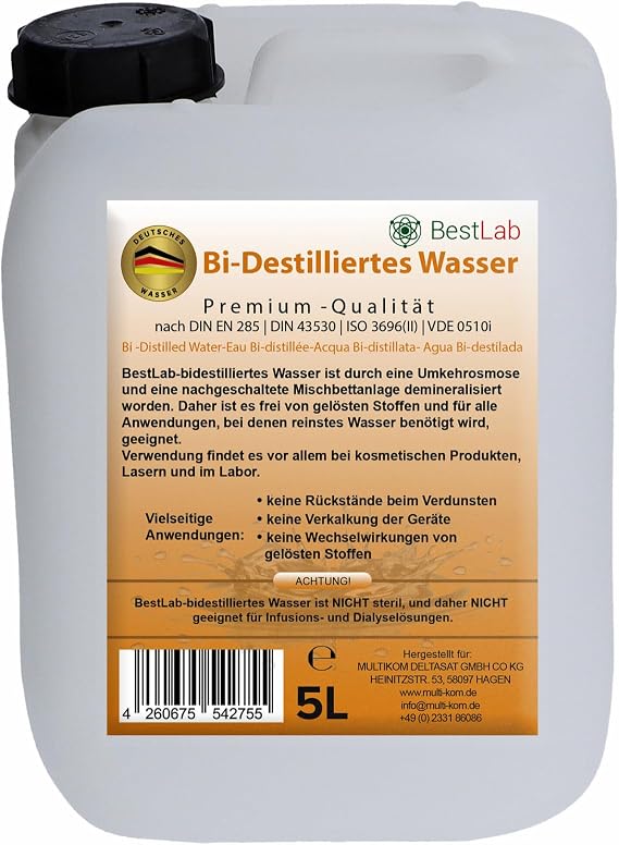 Bidestilled Water - Ideal for Household, Medicine, Laboratory and Crafts for Electrical Appliances, Car or Irons - 1L, 1L with Spray Head, 5L and 3x5L Package (5 Litres)