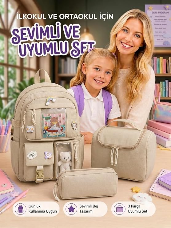 Kore Model 3’lü Set İlkokul-Ortaokul Çantası Kız, Çocuk Sırt Çantası Okul Çantası, KızÇocuk Desenli İlkokul Ortaokul Çantası, Beslenme Çantası, Kalemlik, Kız çocuk okul çantası ilkokul seti