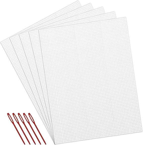 5 Pcs 7 Count Plastic Mesh Canvas Sheets for Embroidery Crafting - 10.2" x 13.2", Acrylic Yarn Crafting, Knit and Crochet Projects, Make Aquarium Dividers, with 5 Pcs Weaving Needles, White