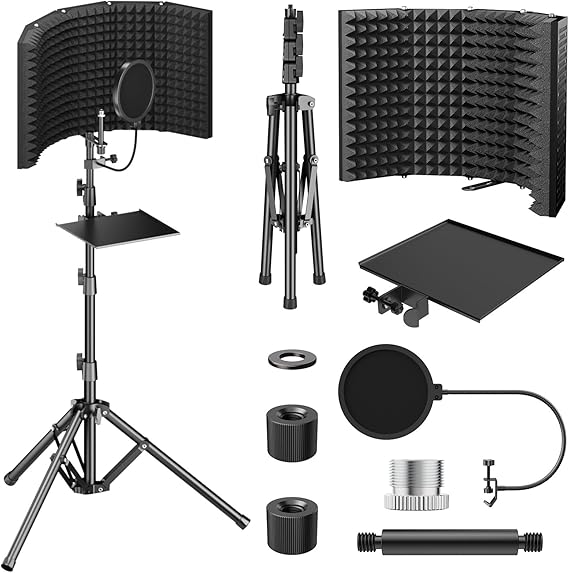 TONOR Microphone Isolation Screen, High Density Absorbing Foam with Pop Filter and Tripod, Foldable Design for Podcast, Streaming and Singing, 70" T65