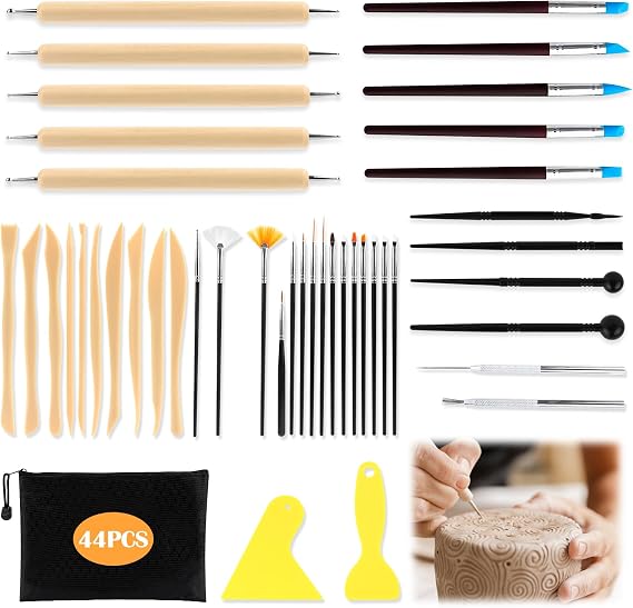 VFANDV Clay Sculpture Tools, 44 Pieces Clay Tools with Ceramic Bag for Modelling Tools Kit Ceramica Beginners for DIY Ceramics Crafts Carving Artistic