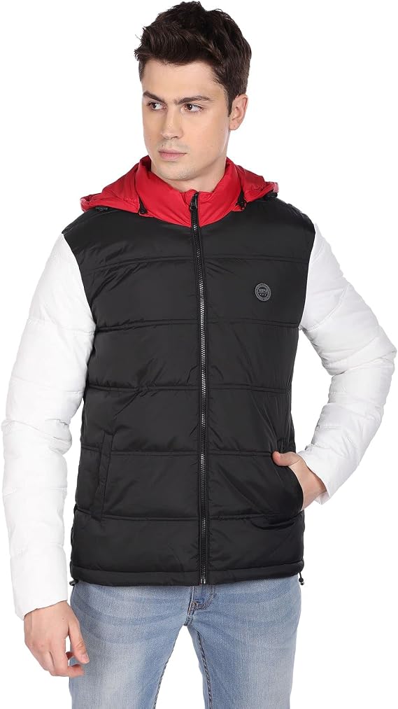 U.S. POLO ASSN. Men Black and White High Neck Colour Block Puffer Jacket, Black and White, 44