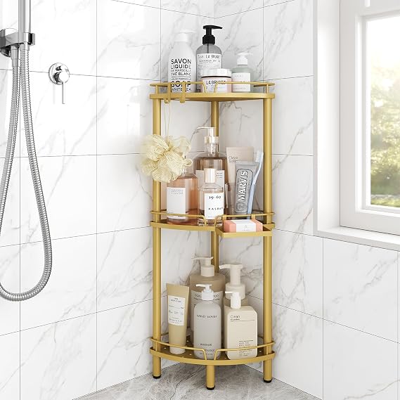 ELYKEN Corner Shower Caddy Standing, 3 Tier Metal Shower Organizer, Gold