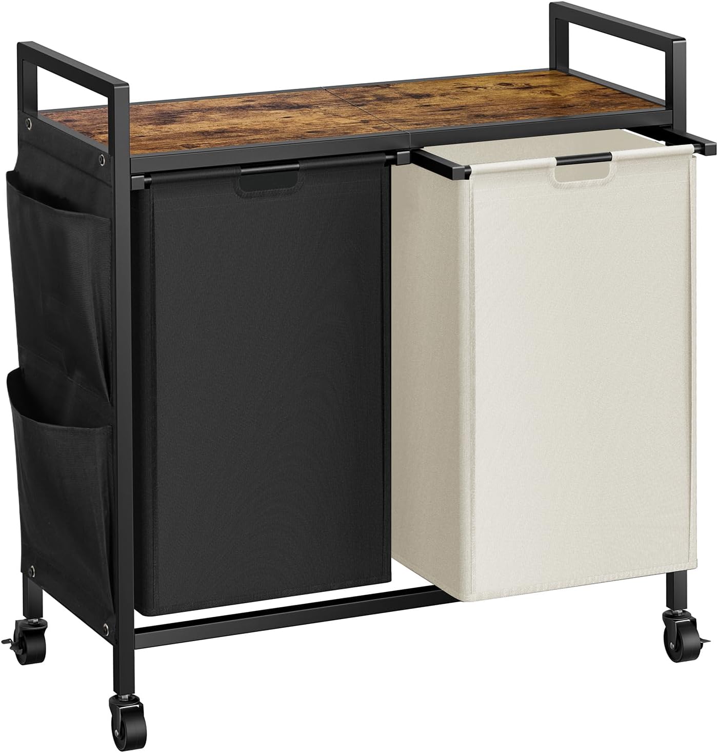 WOWLIVE Double Laundry Hamper with Lid,Rolling Laundry Basket Organizer with Wheels, Iron-Made Laundry Sorter with Top Shelf and 2 Removable Bags,Large Laundry Storage for Room,Black and Beige