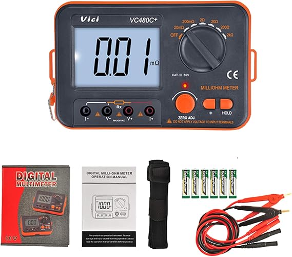 VC480C+ Milliohm Meter, Digital Milli-ohm Meter LCD Backlit 4 Wire Test Low Resistance Multimeter 6 Ranges Accuracy Measurer