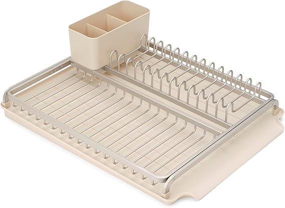 Brabantia SinkSide Dish Drying Rack (Soft Beige), Sleek Sink Organiser with Removable Cutlery Basket, Versatile Sink Drainer for Dishes and Kitchen Accessories