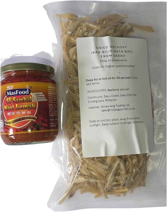 Spicy Nasi Lemak Bundle: One Bottle MasFood SF Nasi Lemak Sambal, 250g Each, Halal and 1 packet Grade 5A Sabah's Blue-Eyed Dried Anchovy 200G Each, Halal