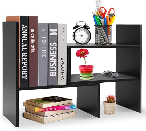 Hossejoy Adjustable MDF Desktop Bookshelf Desk Storage Organizer Display Shelf Rack, Counter Top Bookcase, Black
