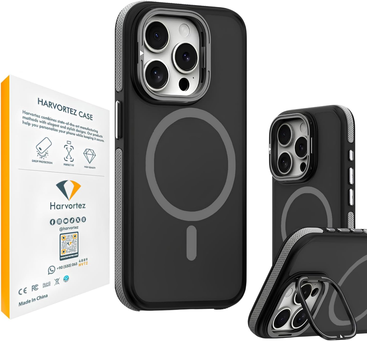 HARVORTEZ iPhone 13/14 Kılıf MagSafe Uyumlu, Güçlü Manyetik Cep Telefon Kılıfı, Metal STANDLI, Mat Darbe Emici Kapak, Alüminyum Tuşlar ve Kaydırmaz Yan Şeritlerli Phone Case - Titamyum Gri