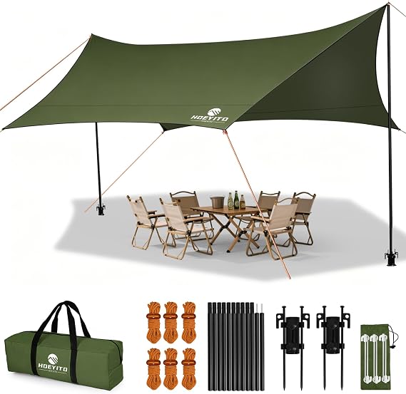 Camping Tarp with Poles & Retainer, 15x12.5FT Large Waterproof 210D Oxford Cloth Camping Canopy, Anti-UV UPF100+ Camping Awning Tent Tarp Car Awning for Outdoor, Picnic, Car, Hammock (Army Green)