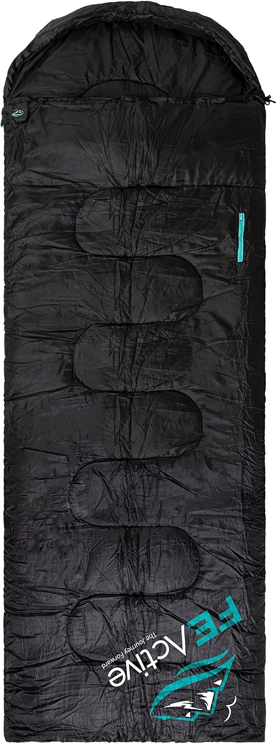 FE Active Camping Sleeping Bag - 3-4 Seasons Extra Long or Lightweight Hooded, Warm Outdoor Compact & Lightweight Sleeping Bag for Camping, Backpacking, Hiking, Travel | Designed in California, USA