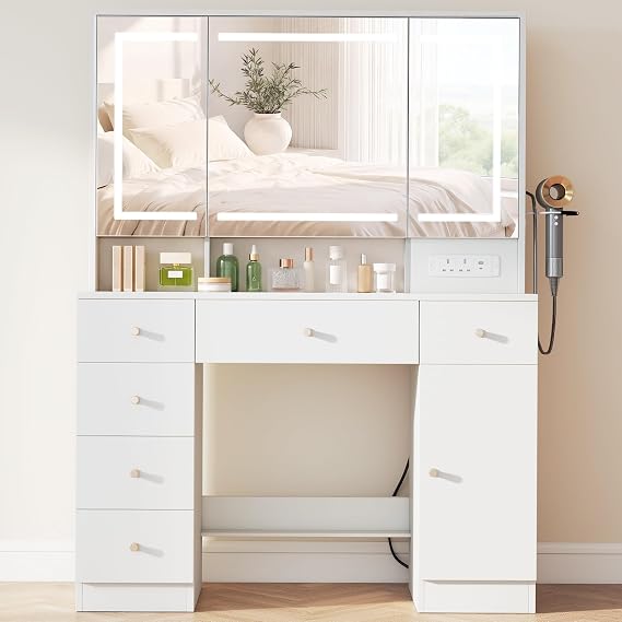 Dressing Table with 3 Hidden Mirror Cabinets and Power Outlets, Vanity Desk with LED Mirror, Hairdryer Holder, 6 Drawers and 1 Large Cabinet for Bedroom, White