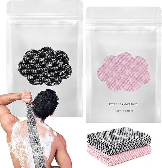 Exfoliating Antibacterial Shower Towel, Japanese Exfoliating Shower Towel, Shower Exfoliatings Towel for Men and Woman, Ideal for Sensitive Skin (Black+Pink)